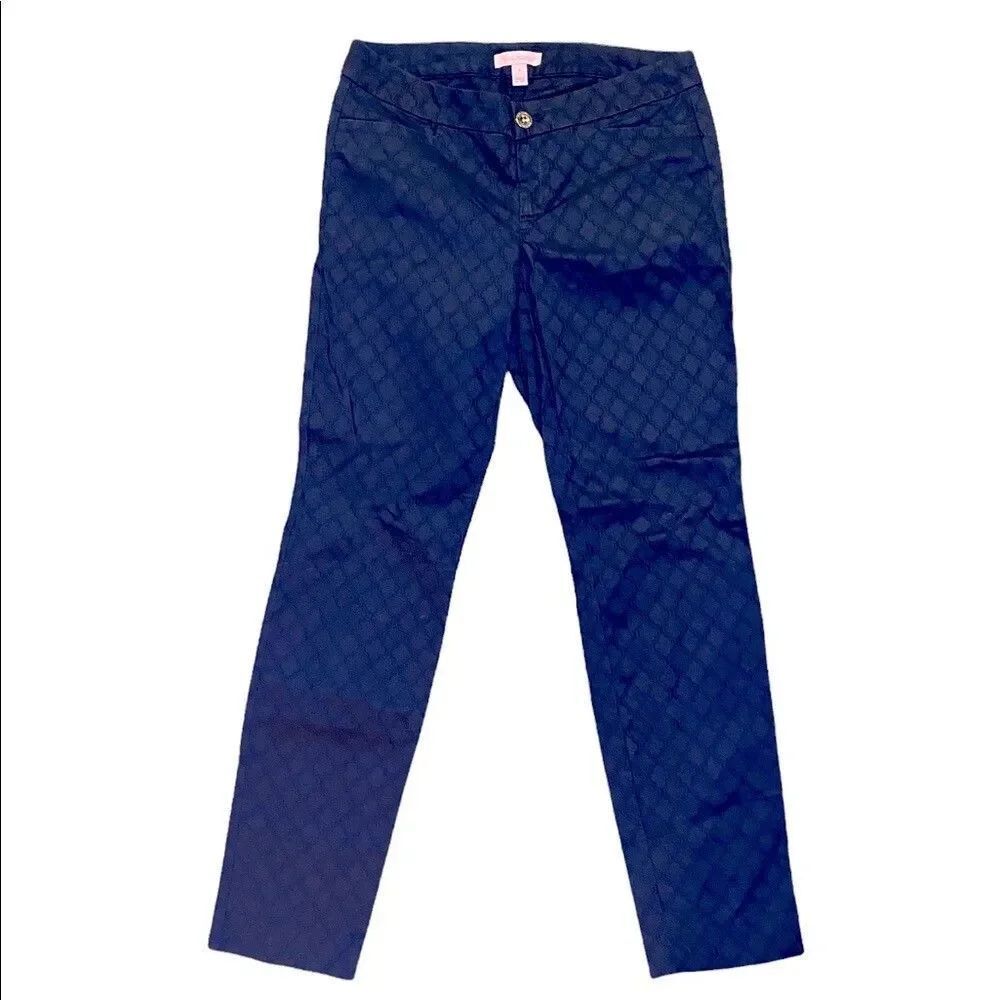 Lilly Pulitzer Kelly Skinny Navy Jacquard Pants Womens Size 4 Ankle Straight Leg